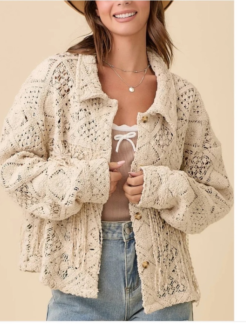 Miss Me Macrame Crochet Lace Fringe Jacket S Cream Boho Western NWOT
